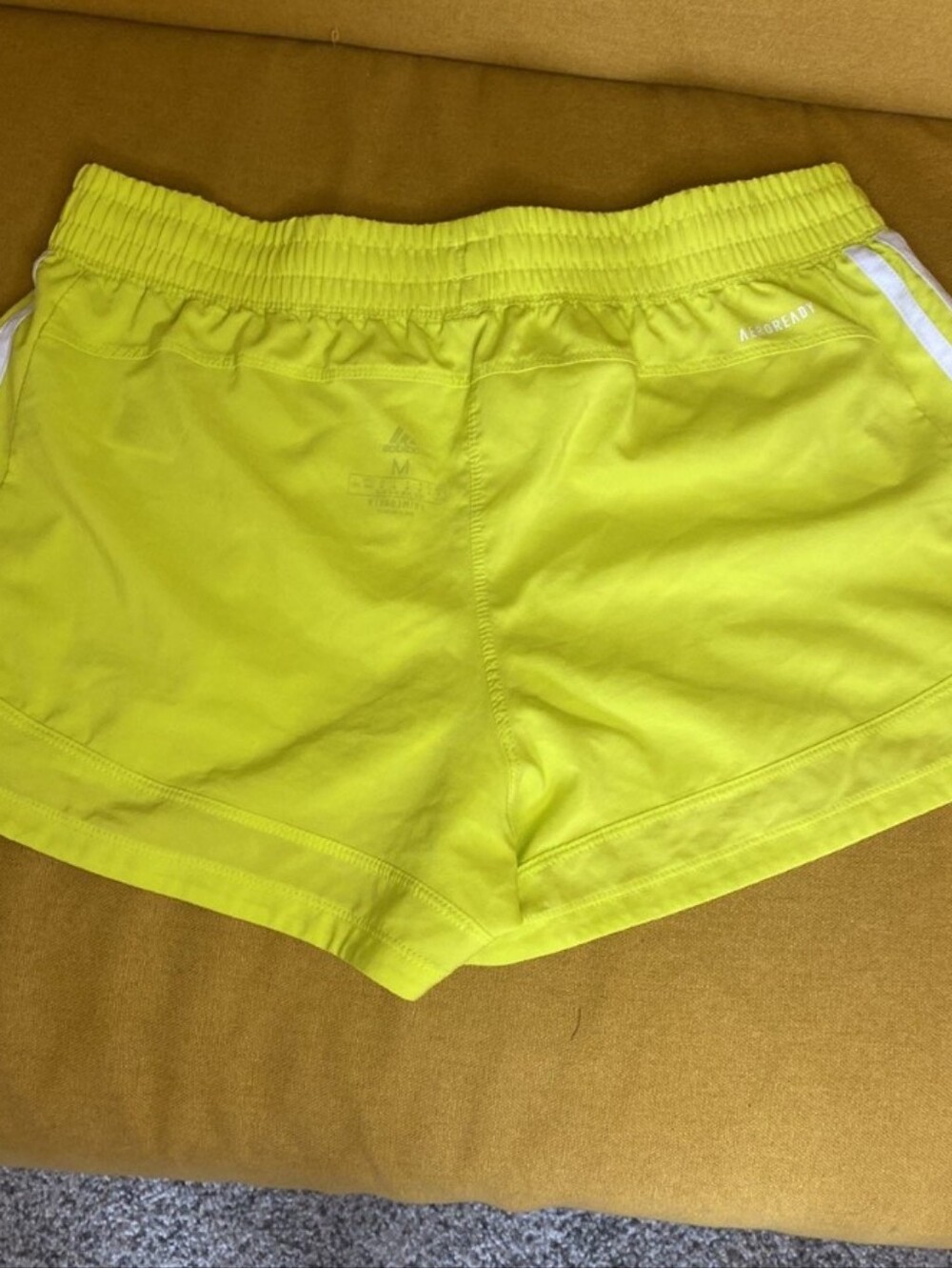 adidas Women’s Neon Yellow Athletic Shorts with White Stripes - Picture 2 of 3